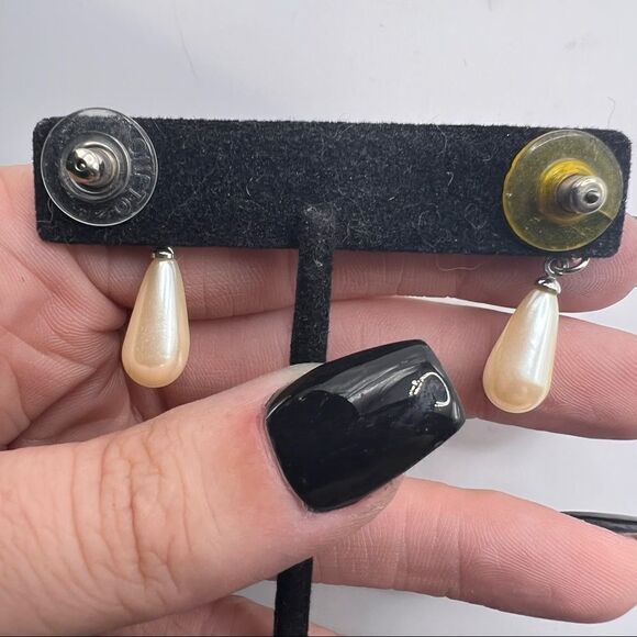 Monet Dainty Faux Pearl Drop Earrings with Stone Cluster Post - Picture 5 of 6